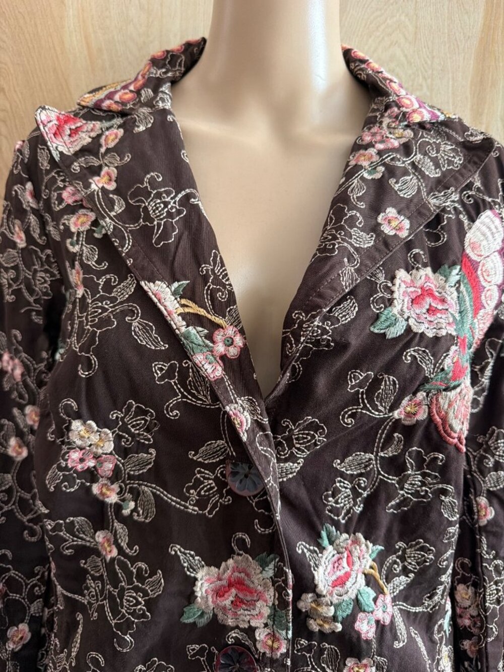 Rare Vintage Johnny Was Brown Embroidered Cotton Duster Coat w/Ornate Collar M - Picture 15 of 16